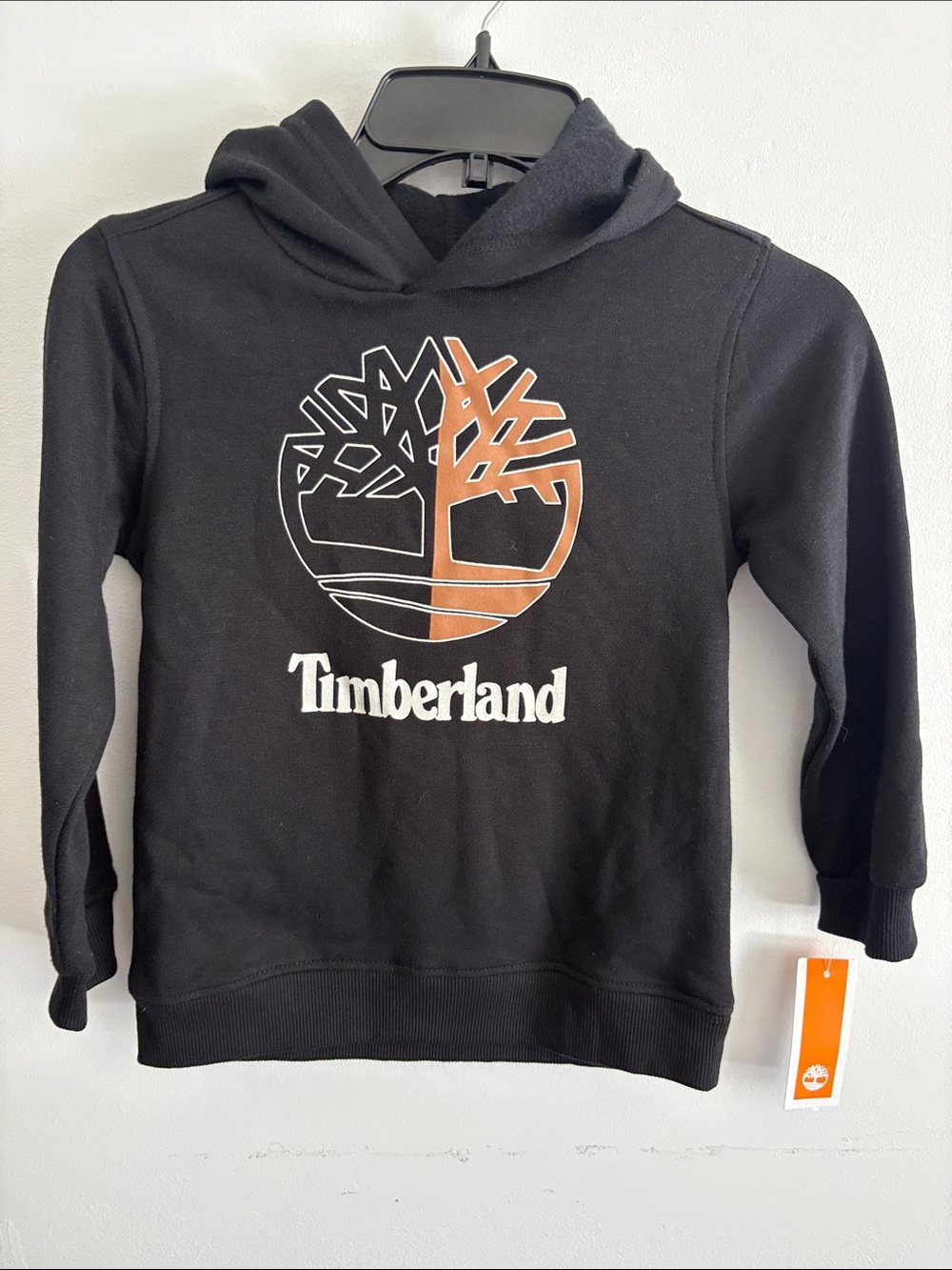 Timberland Boys Black Hoodie with White and Brown Logo